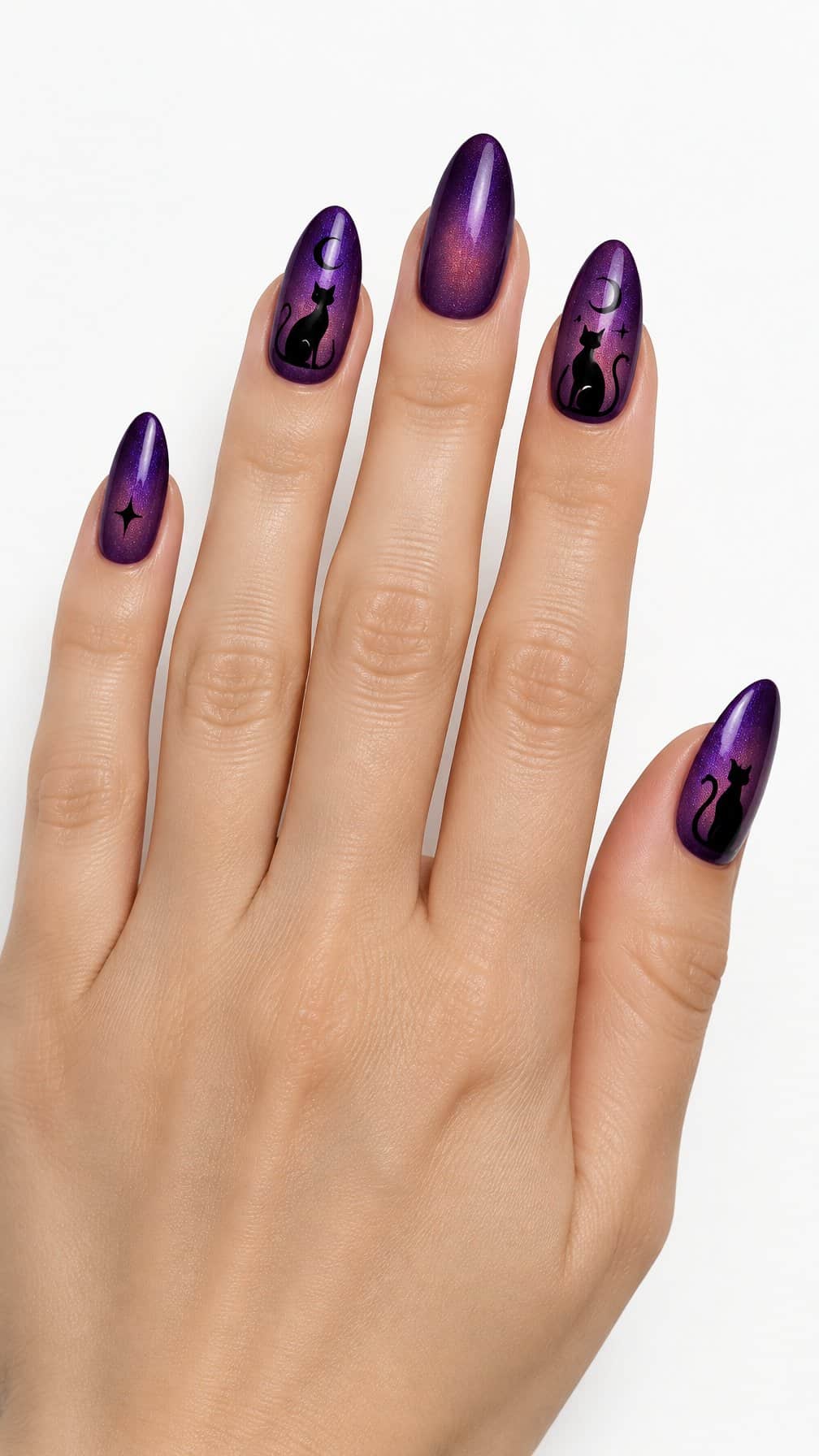 Glossy shimmery purple nails decorated with black crescent-moon cat silhouettes