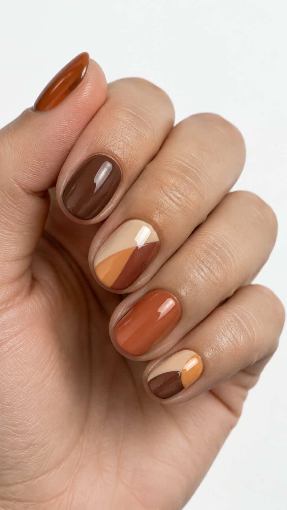 Short oval nails painted in glossy pumpkin spice color-block designs