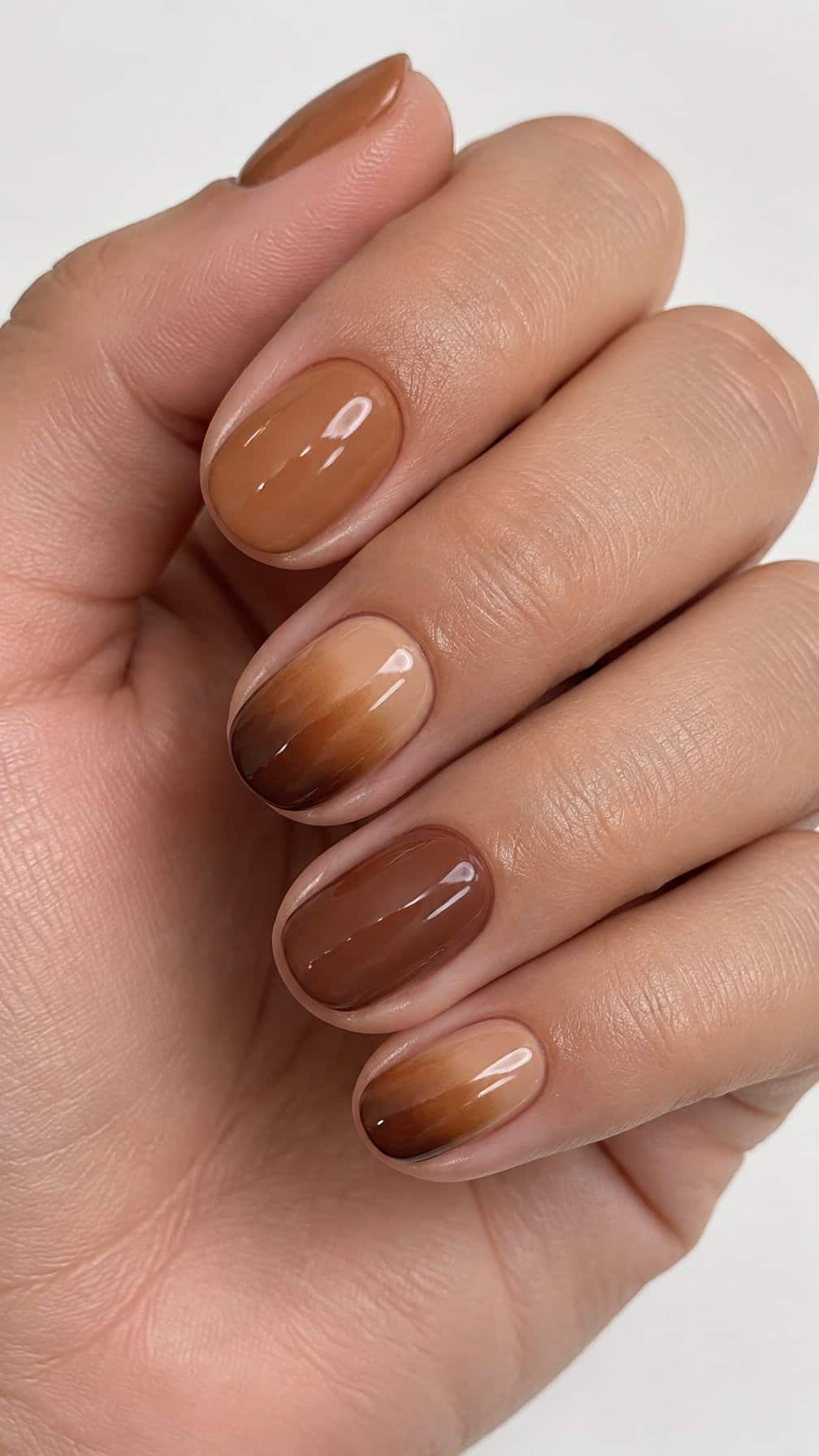 Short round glossy brown ombre nails