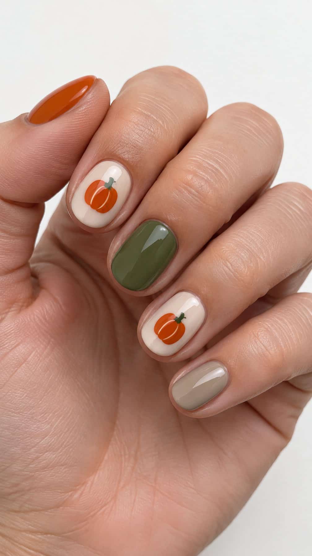 Short round nails featuring tiny orange pumpkin designs and solid autumn-colored nails