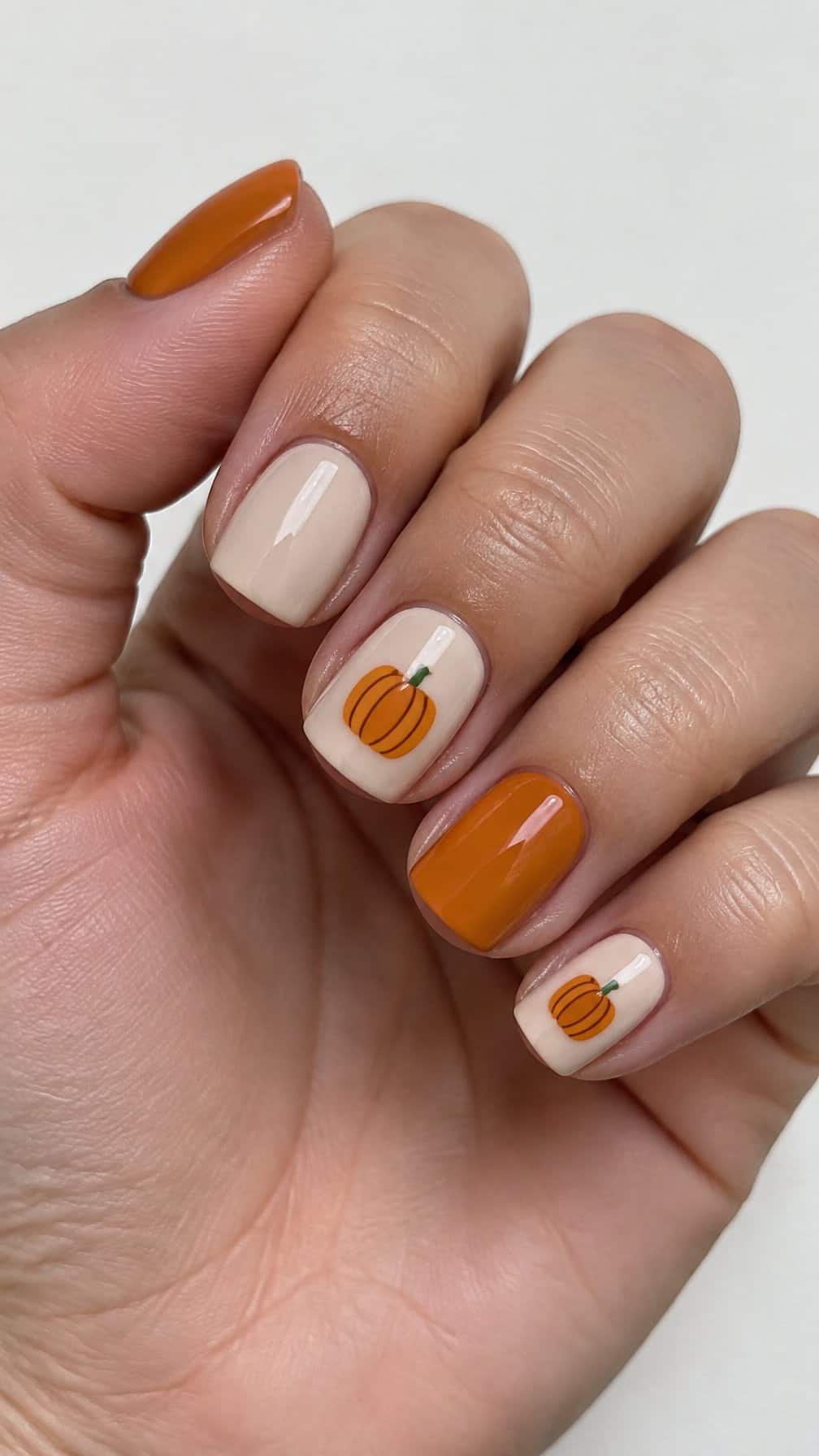 Short square nails featuring glossy orange and nude polish and simple pumpkin designs