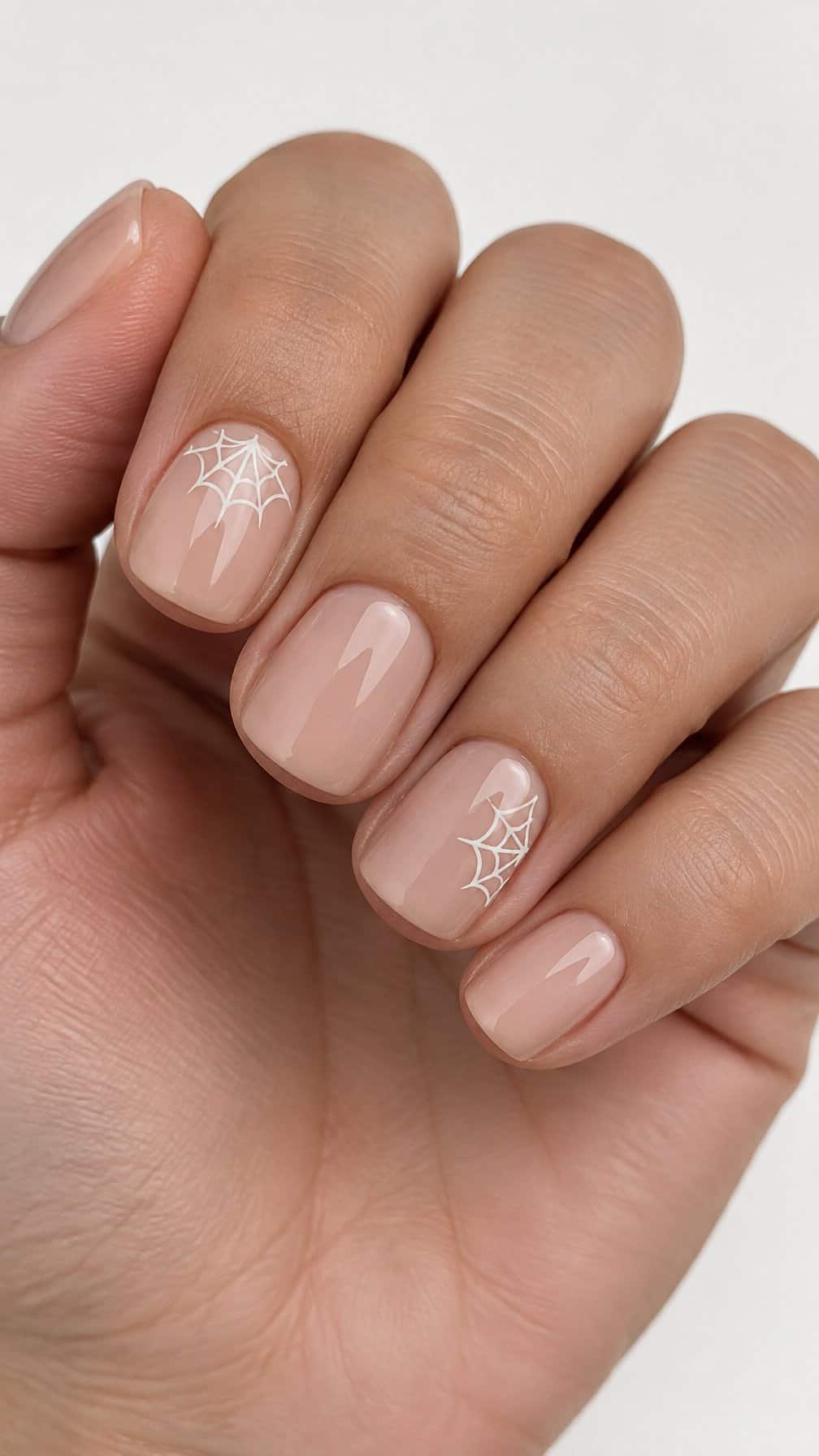 Short square nude nails, featuring small white spider web designs on a few nails