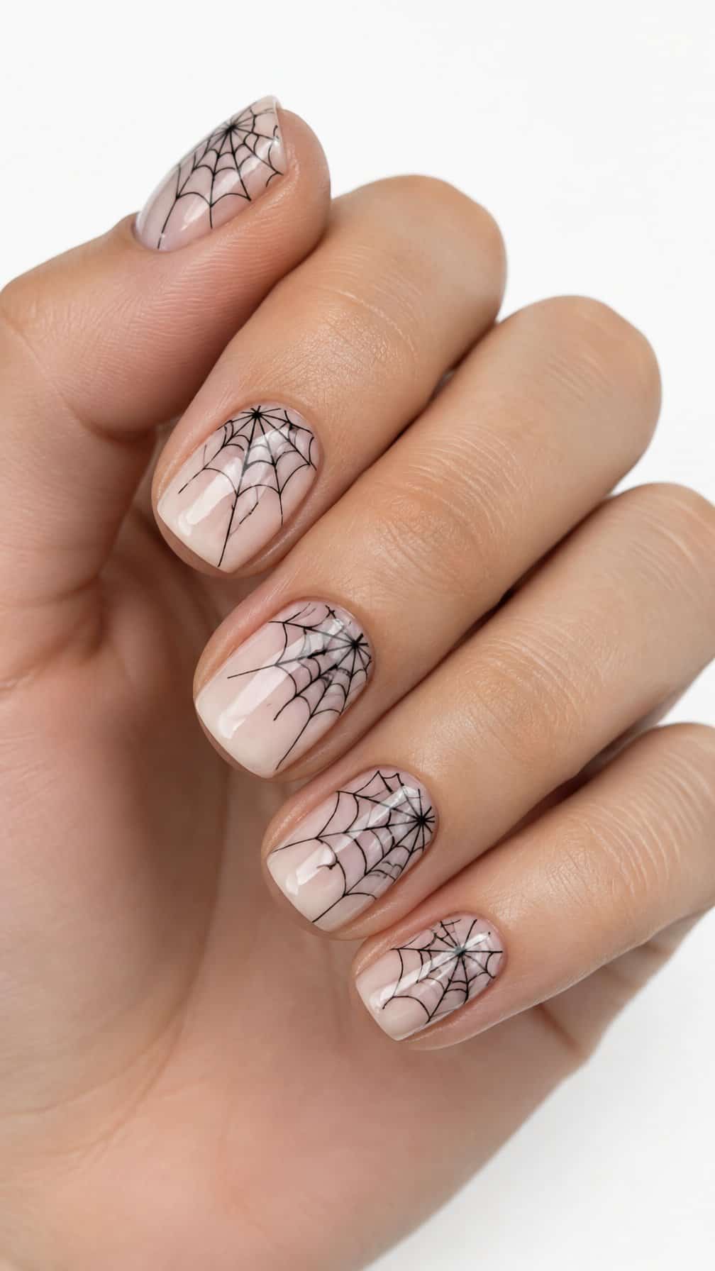 Short square nails decorated with delicate spider web designs