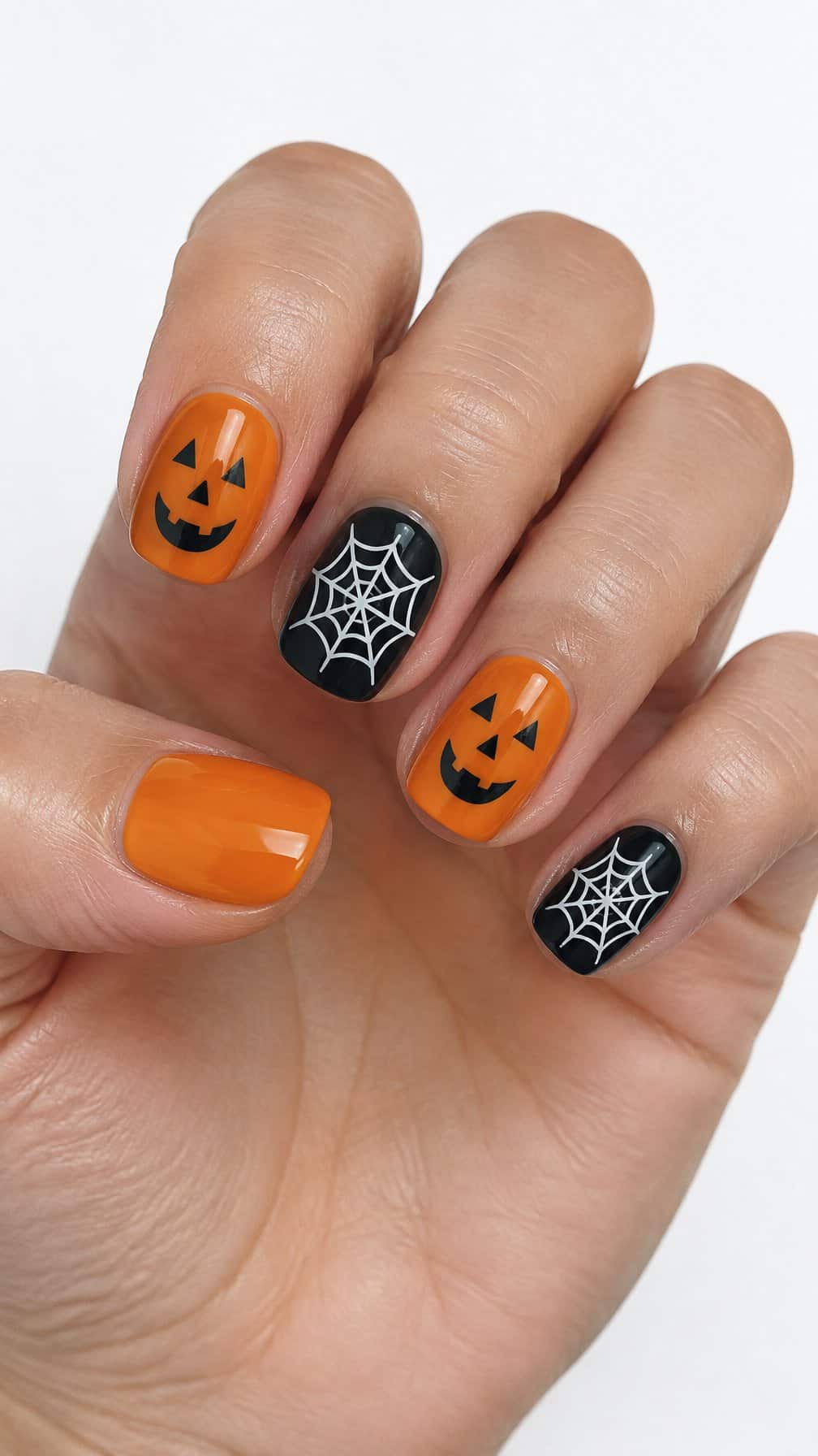 Glossy orange pumpkin-face nails and black spiderweb accent nails