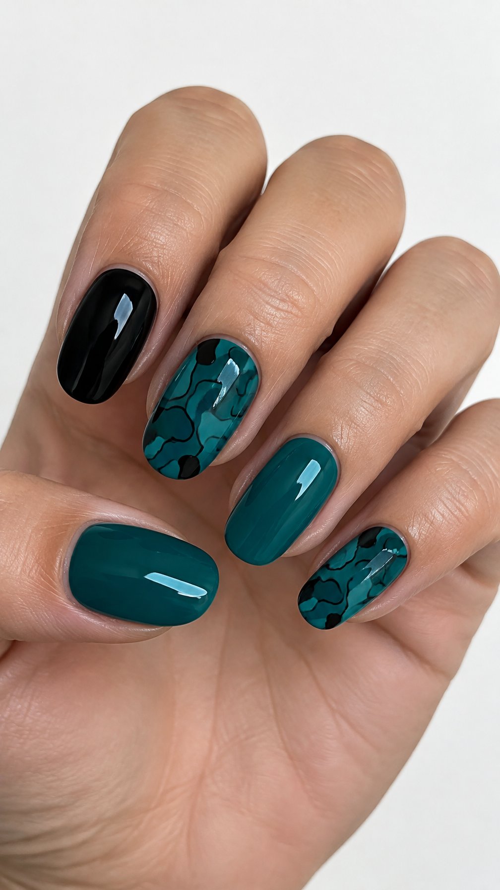 Glossy teal and black patterned gel nails