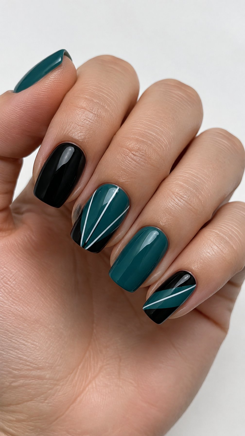 Glossy black and teal geometric nail art
