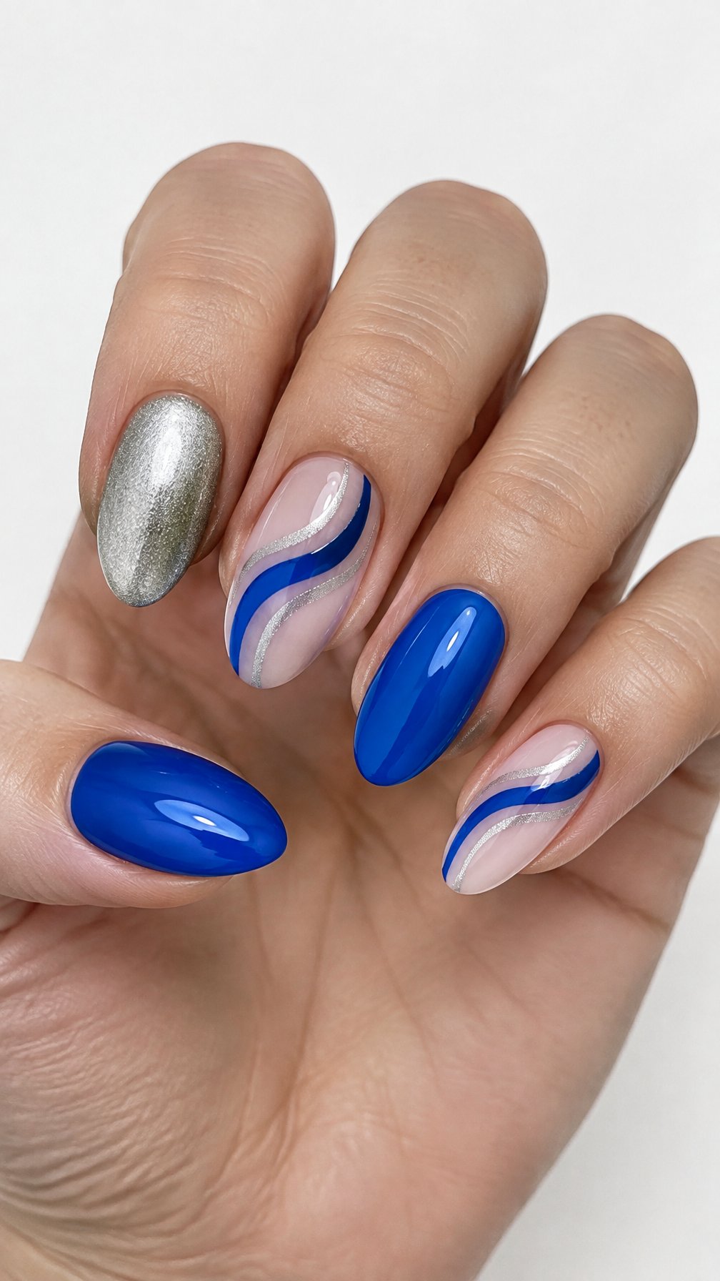 Glossy blue and silver swirled gel nails