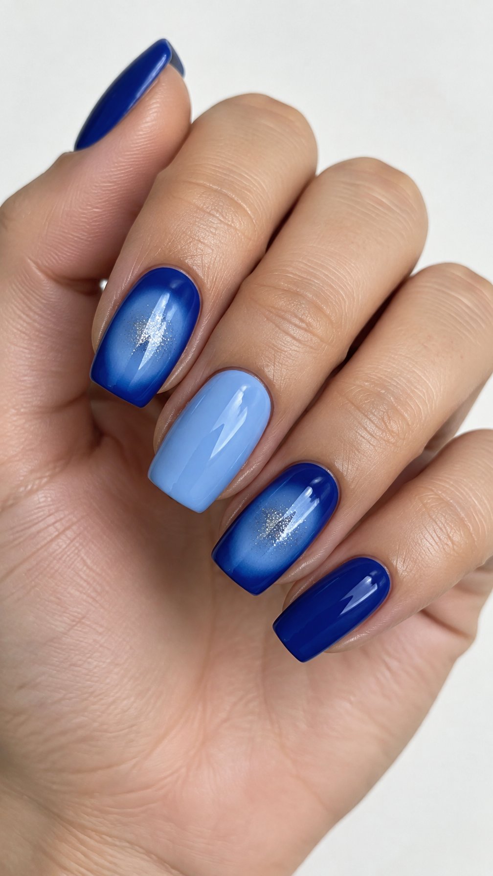 Glossy sapphire-blue and silver glitter manicure