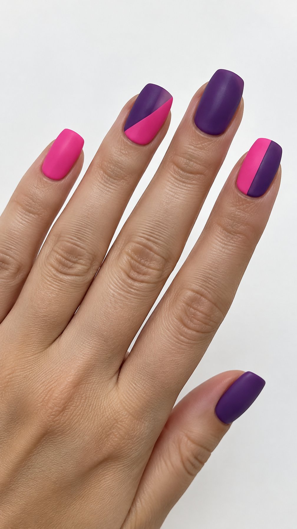 Purple and hot pink geometric manicured nails