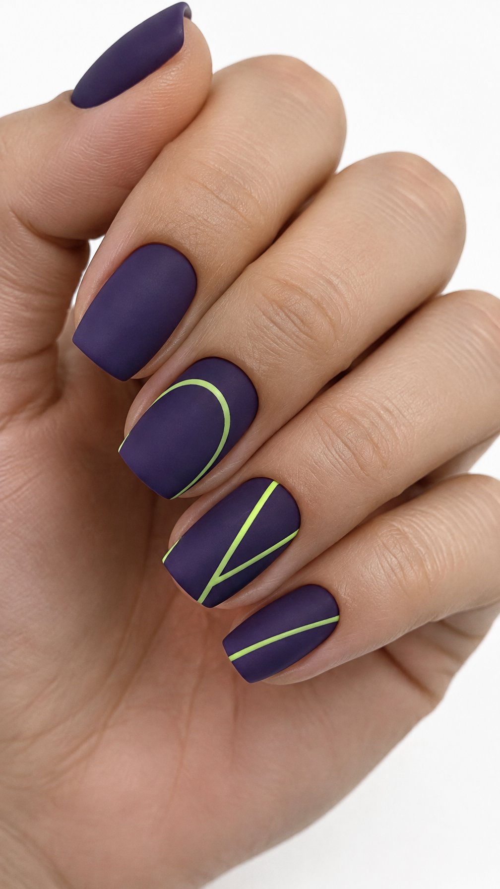 Matte purple gel nails decorated with neon lime lines