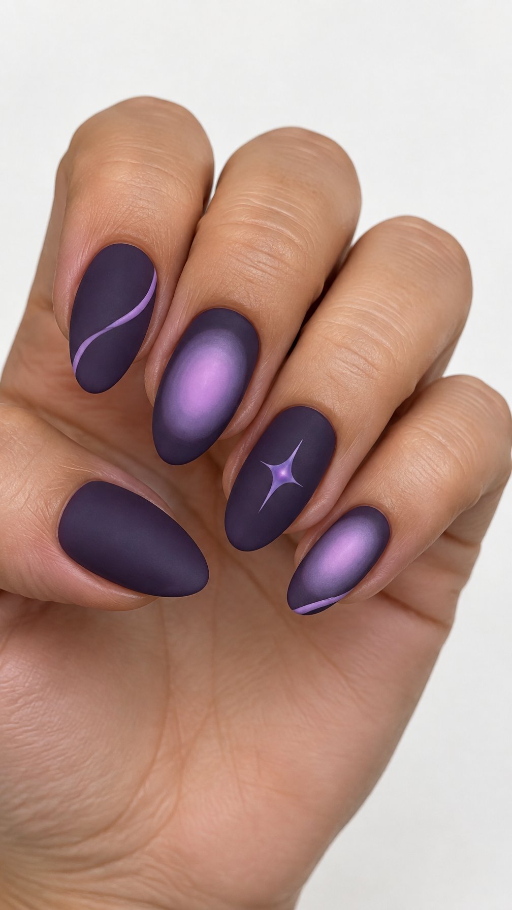 Almond-shaped purple gel manicure featuring matte nails and soft aura accents