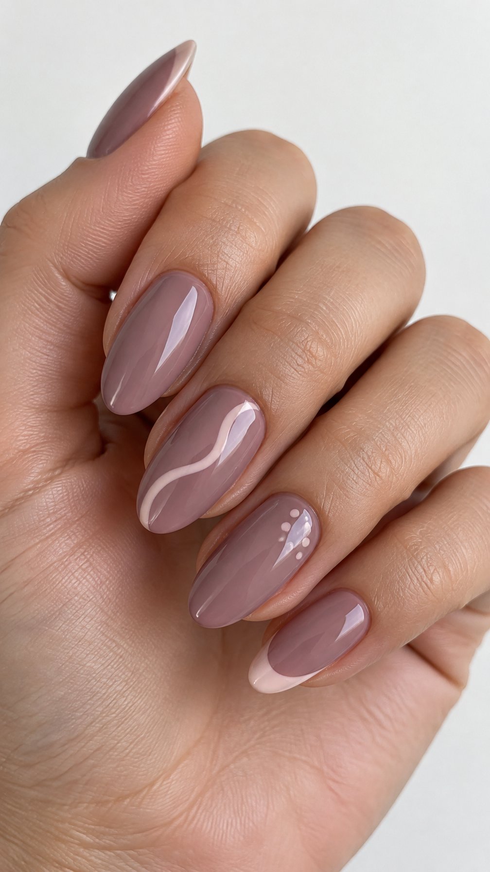 Glossy creamy mauve gel nails featuring simple light-colored accents