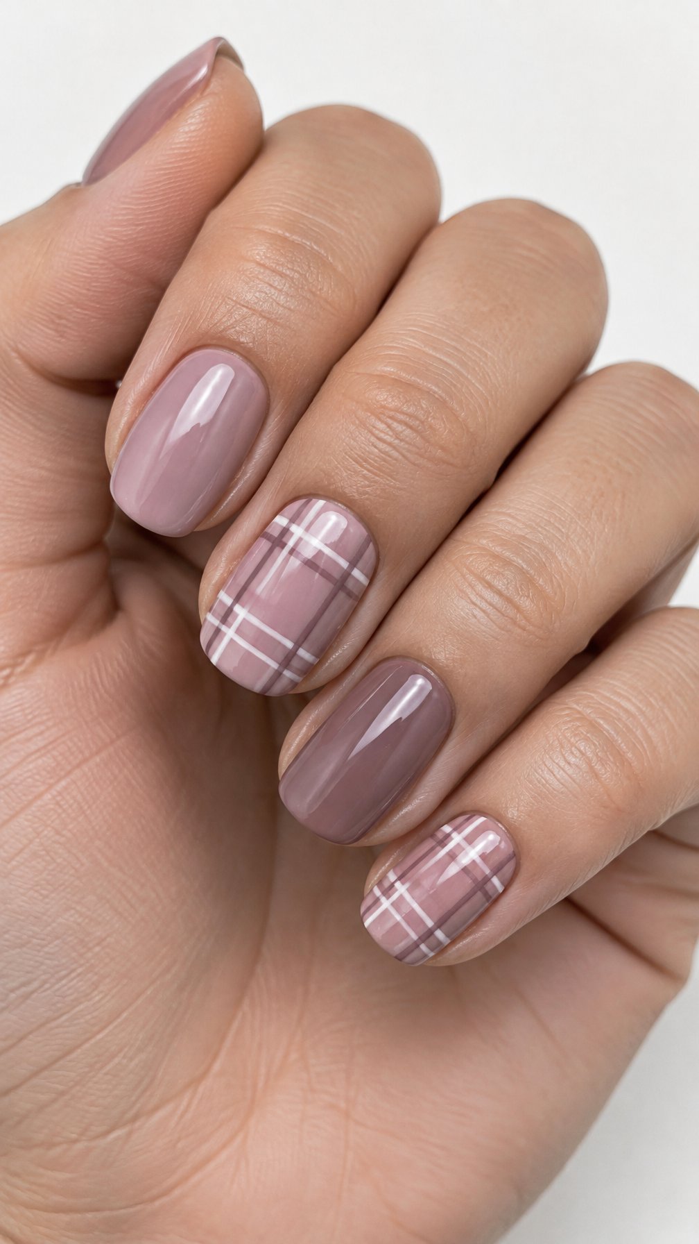 Glossy dusty mauve nails, including white plaid designs on several nails