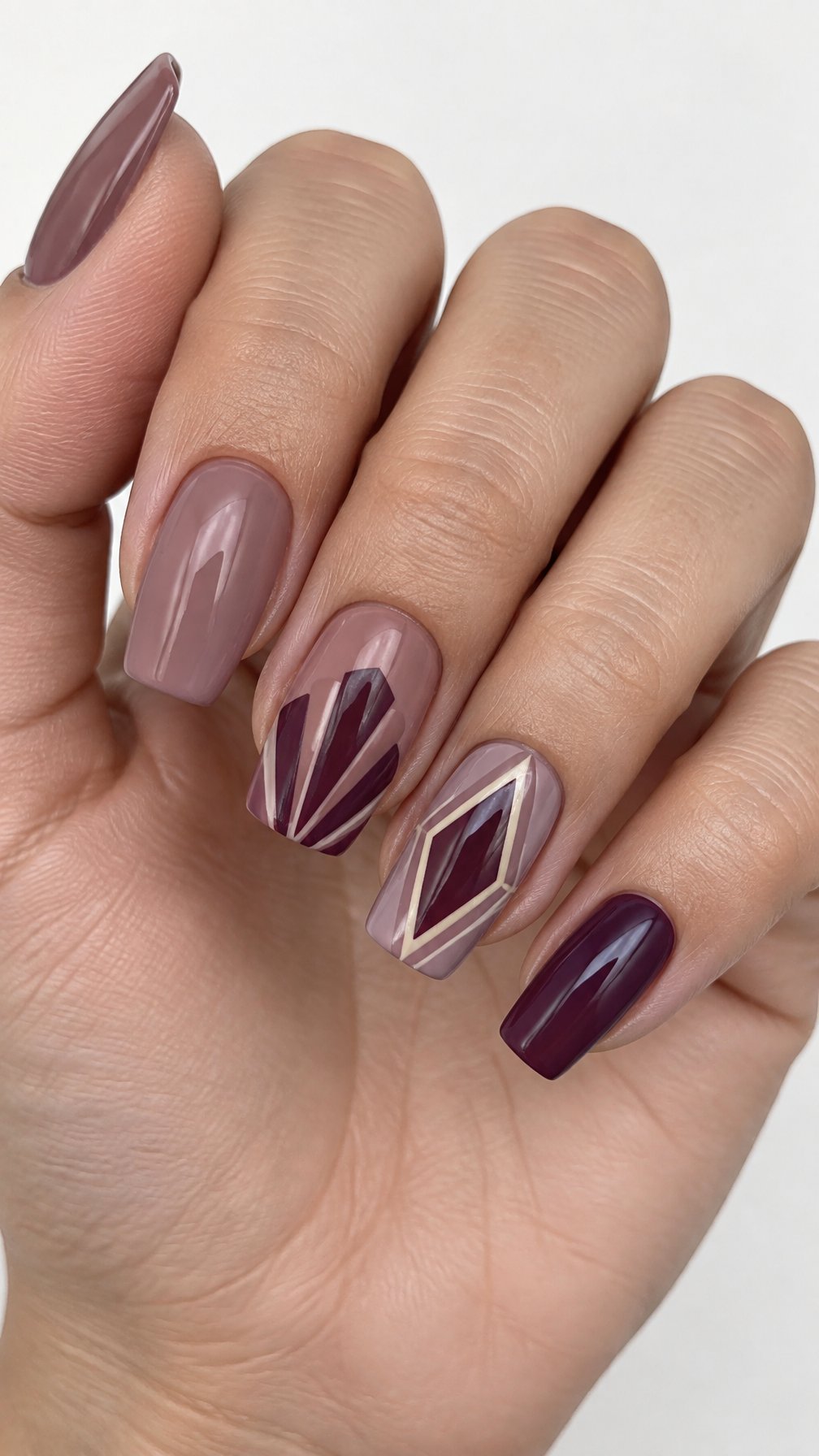 Glossy mauve geometric nail designs