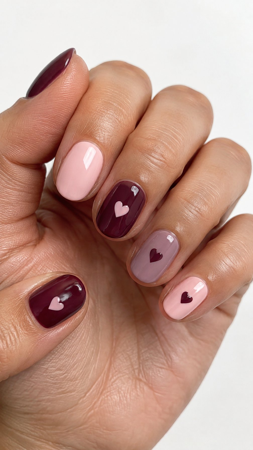 Glossy mauve, blush, and mulberry nails decorated with small hearts