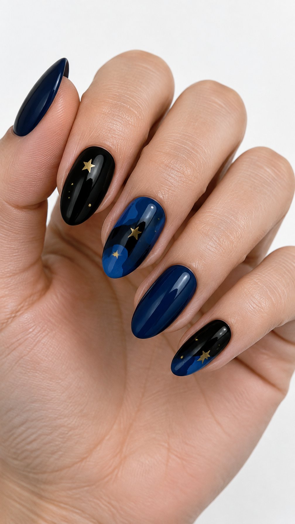Glossy midnight blue and black nails decorated with small gold stars