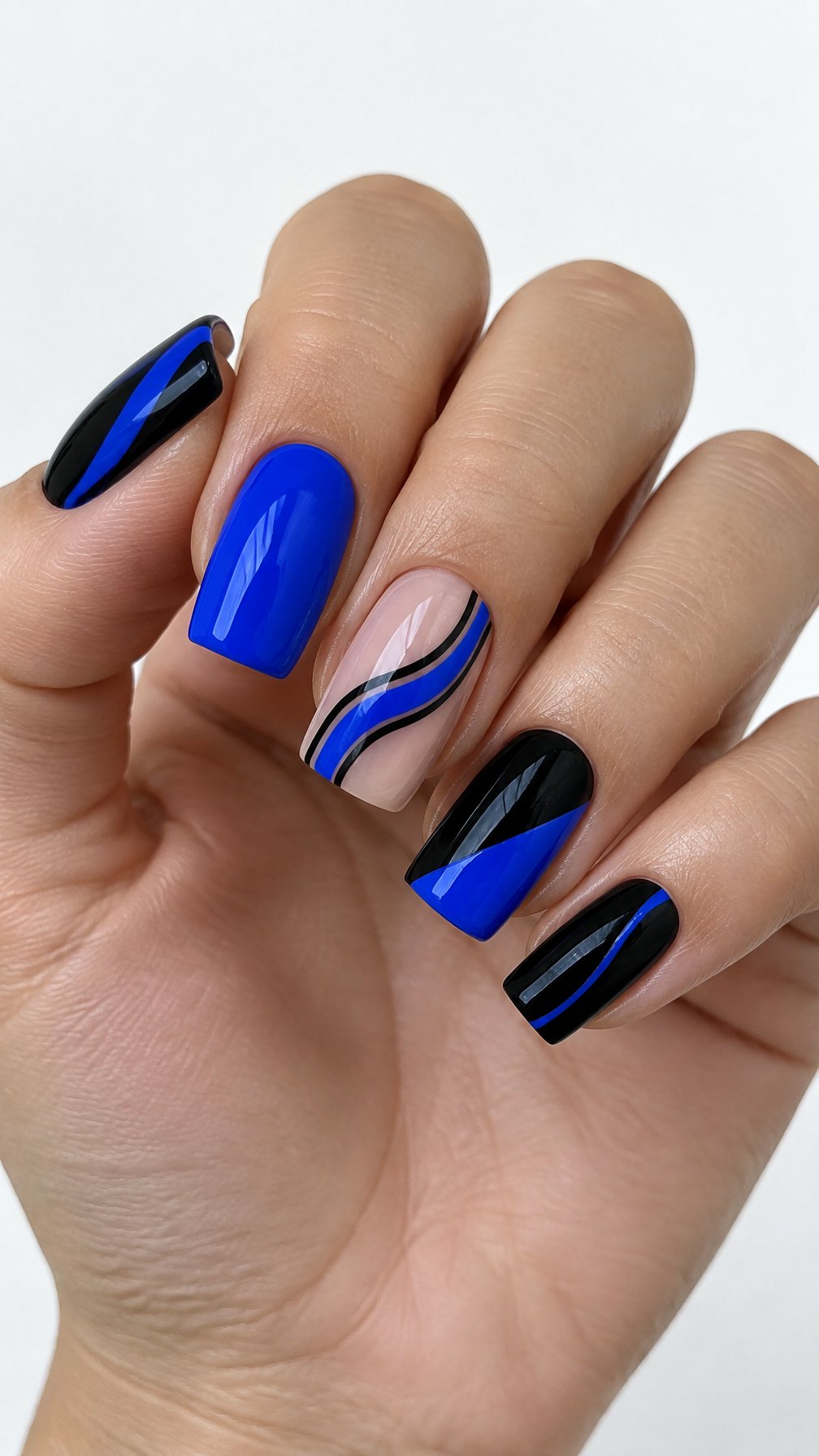 Glossy electric blue and black graphic line manicure