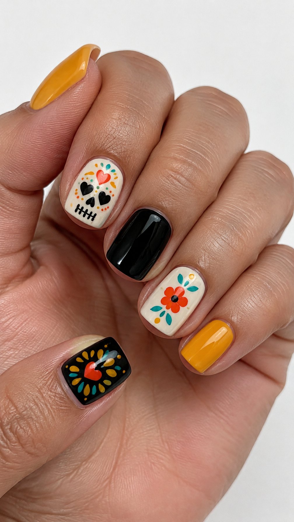 Short square glossy nails featuring colorful Día de los Muertos-inspired designs