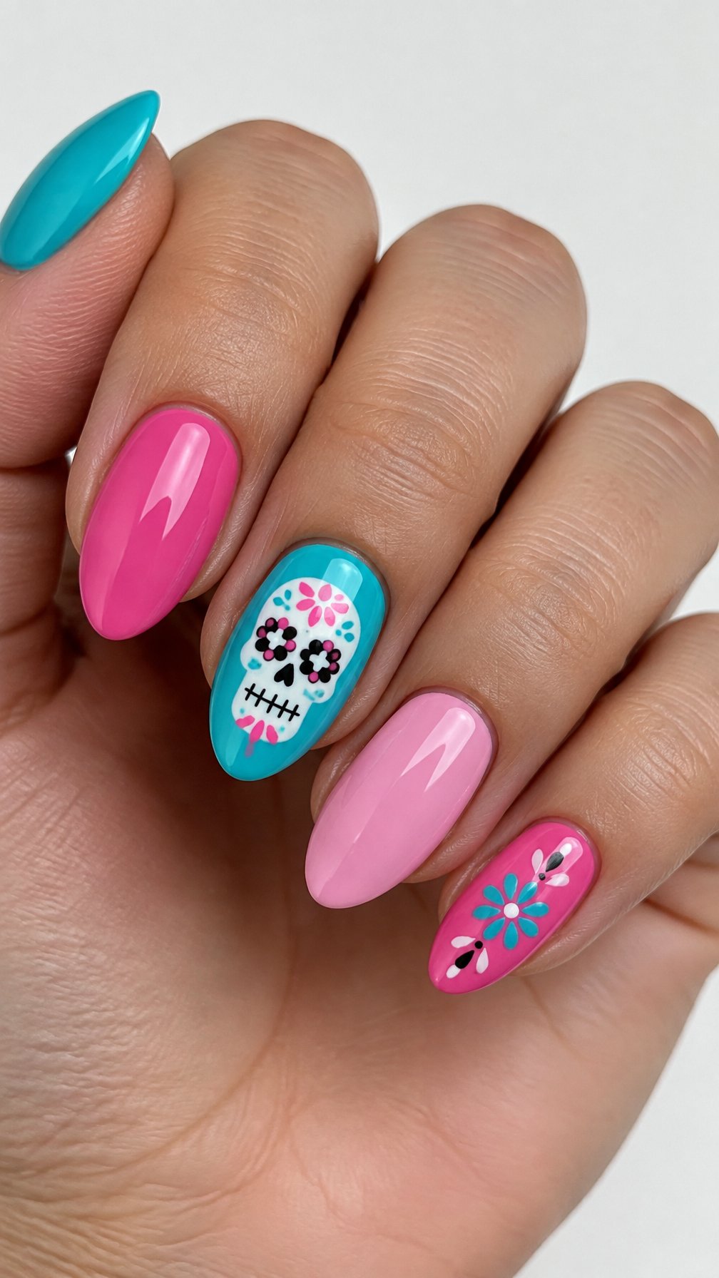 Glossy pink and turquoise manicure with simple white skull designs