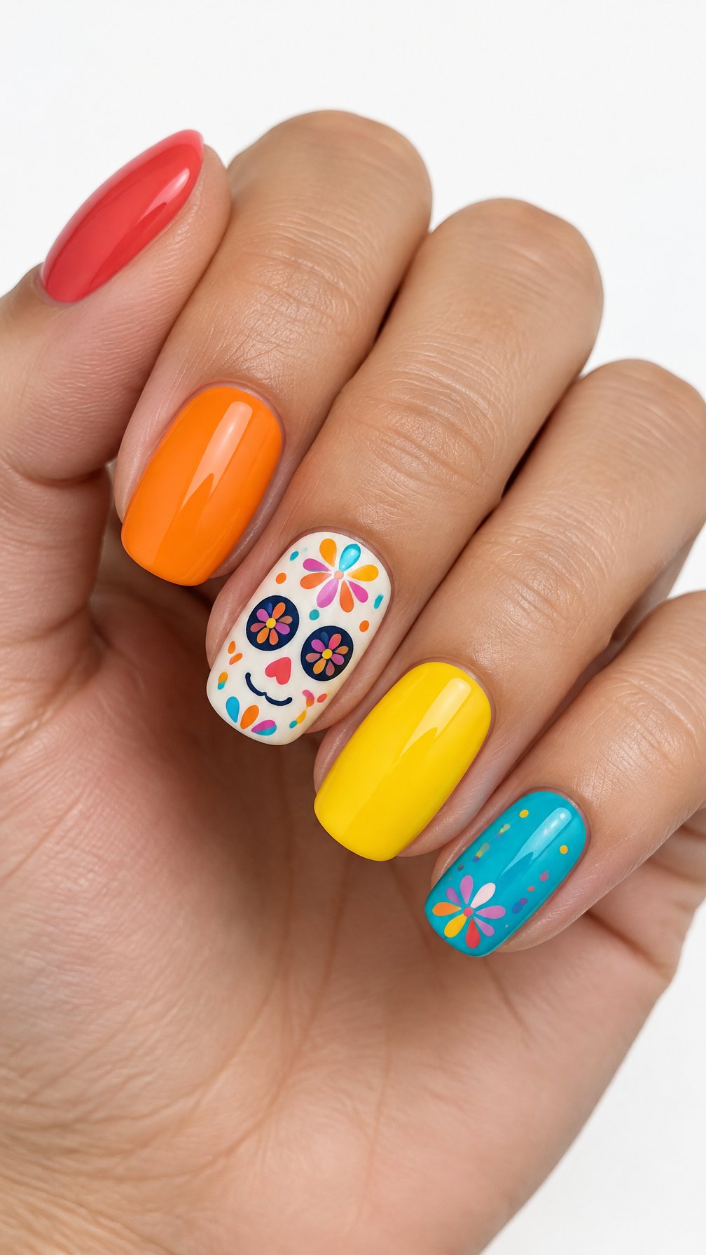 Colorful glossy sugar skull and confetti nail designs