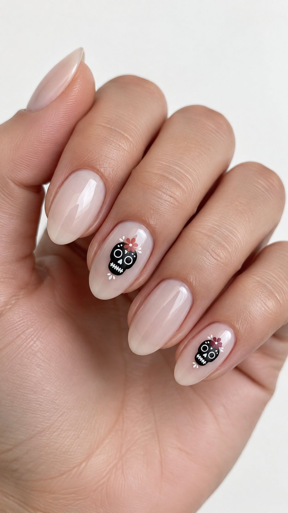 Milky nude glossy nails and tiny skull designs on a few accent nails