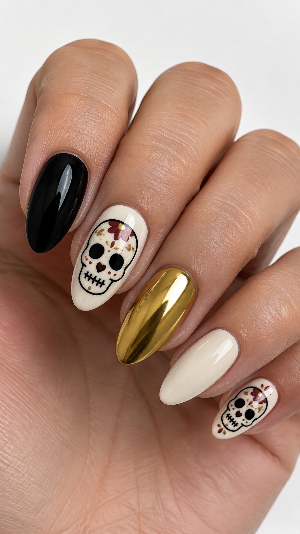 Glossy black, ivory, and gold manicure nails, including small sugar skull designs