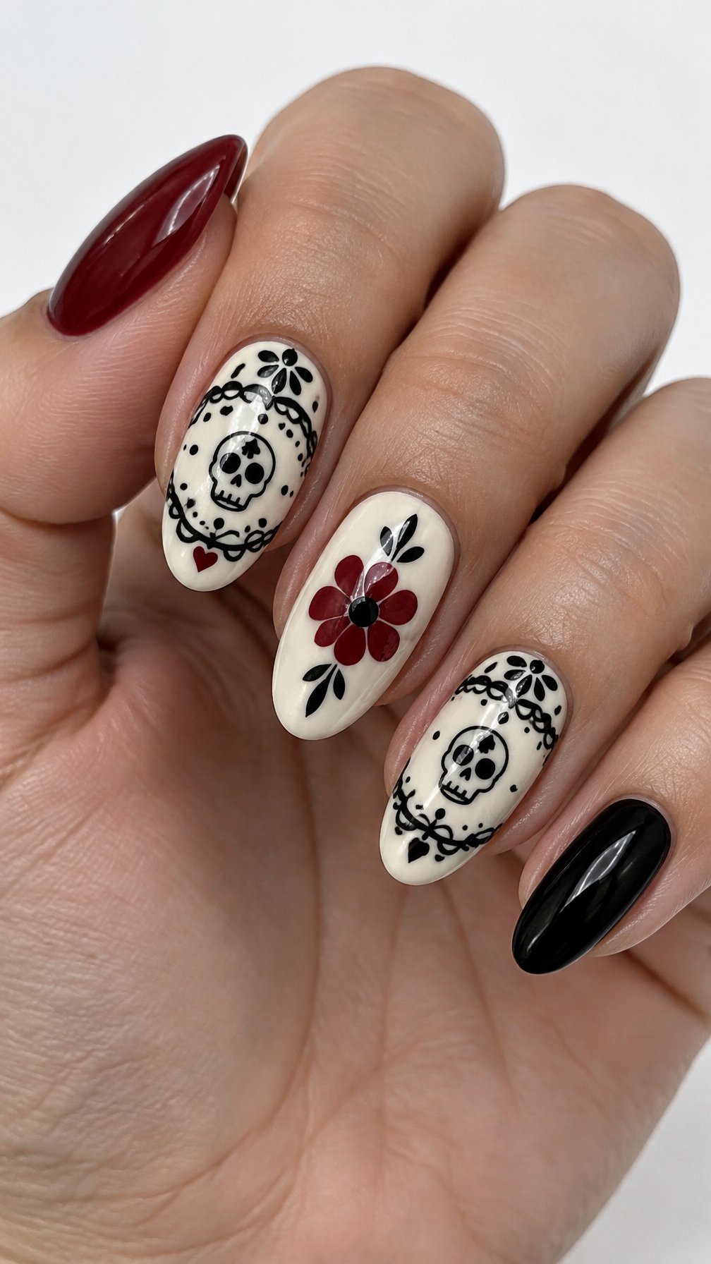 Glossy ivory, black, and burgundy nails with lace and small skull designs