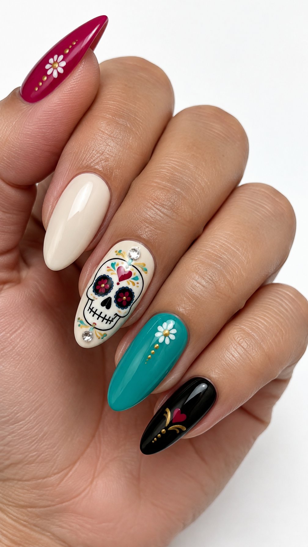 Colorful glossy manicure nails with sugar skull designs and small crystals