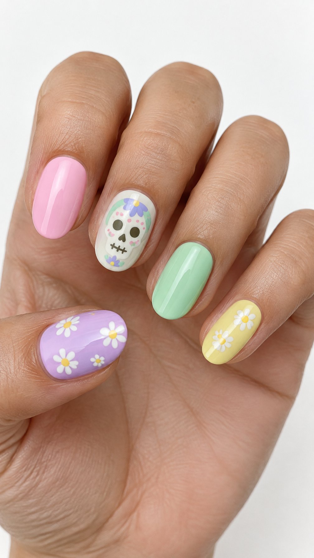 Pastel glossy nails decorated with small skulls, daisies, and solid-color polish