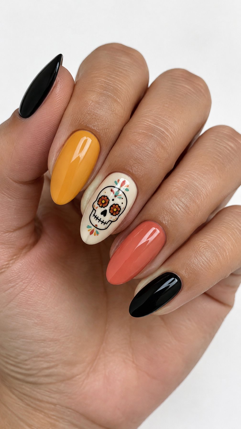 A glossy manicure with colorful solid nails and small sugar skull designs on accent nails