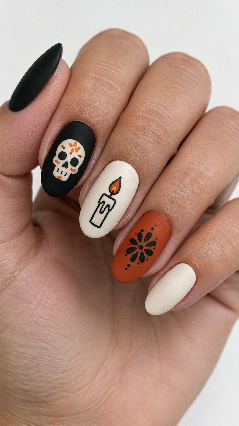 Black, ivory, yellow, and orange Día de los Muertos nail art