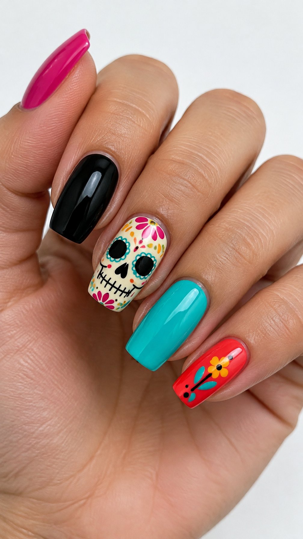 Colorful glossy calavera-themed nail art