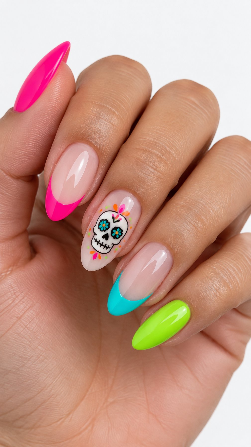 Bright neon French-tip nails and small sugar skull designs