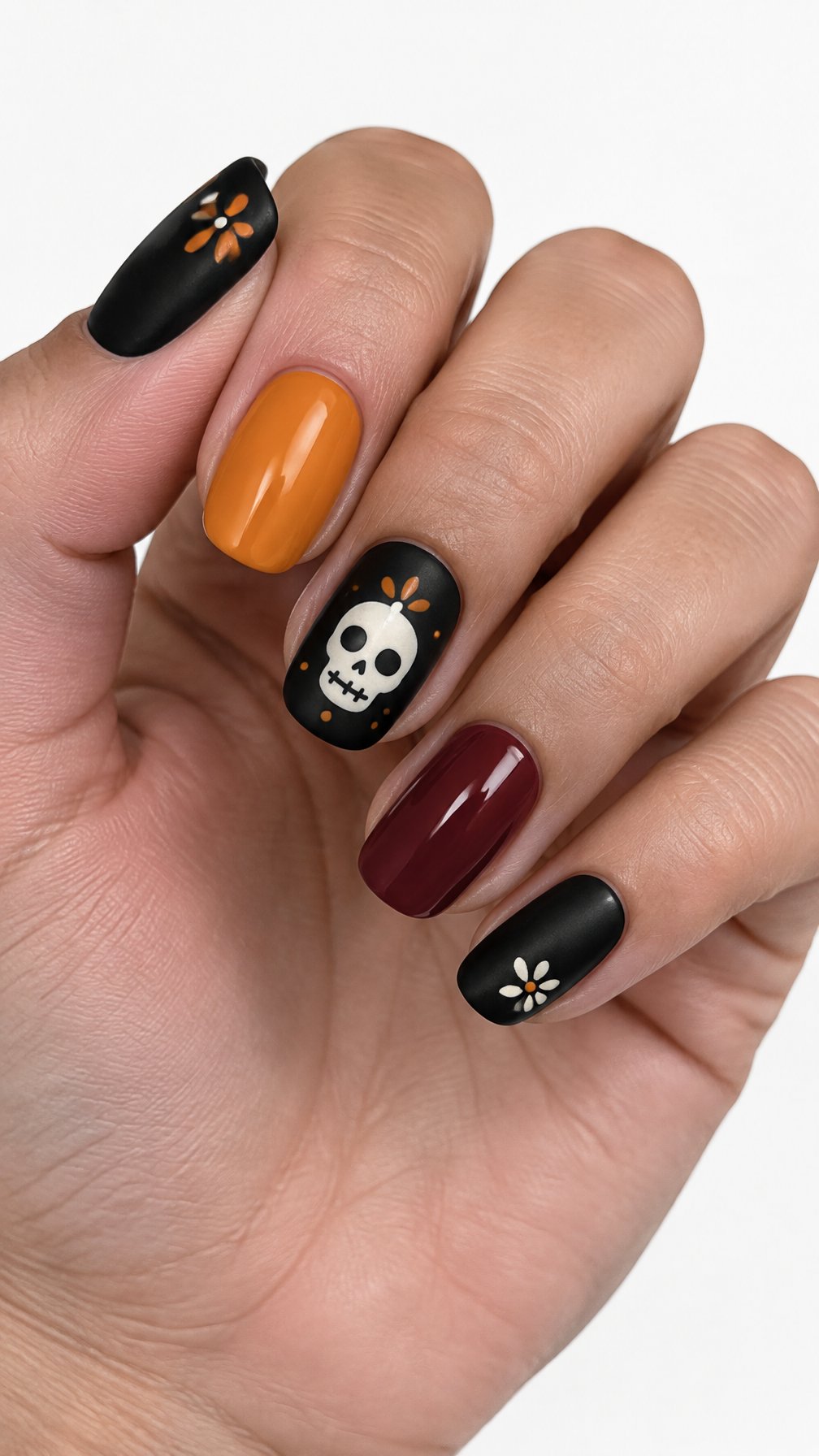Black, cream, orange, and burgundy calavera nail designs