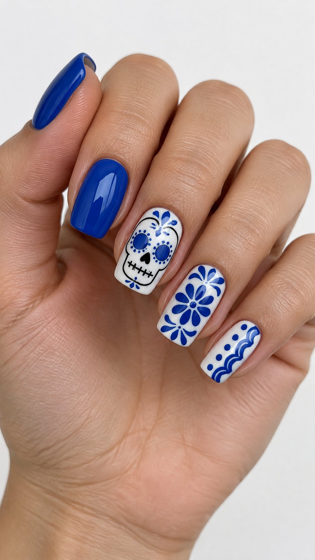 Glossy cobalt blue, white, and black patterned gel nails