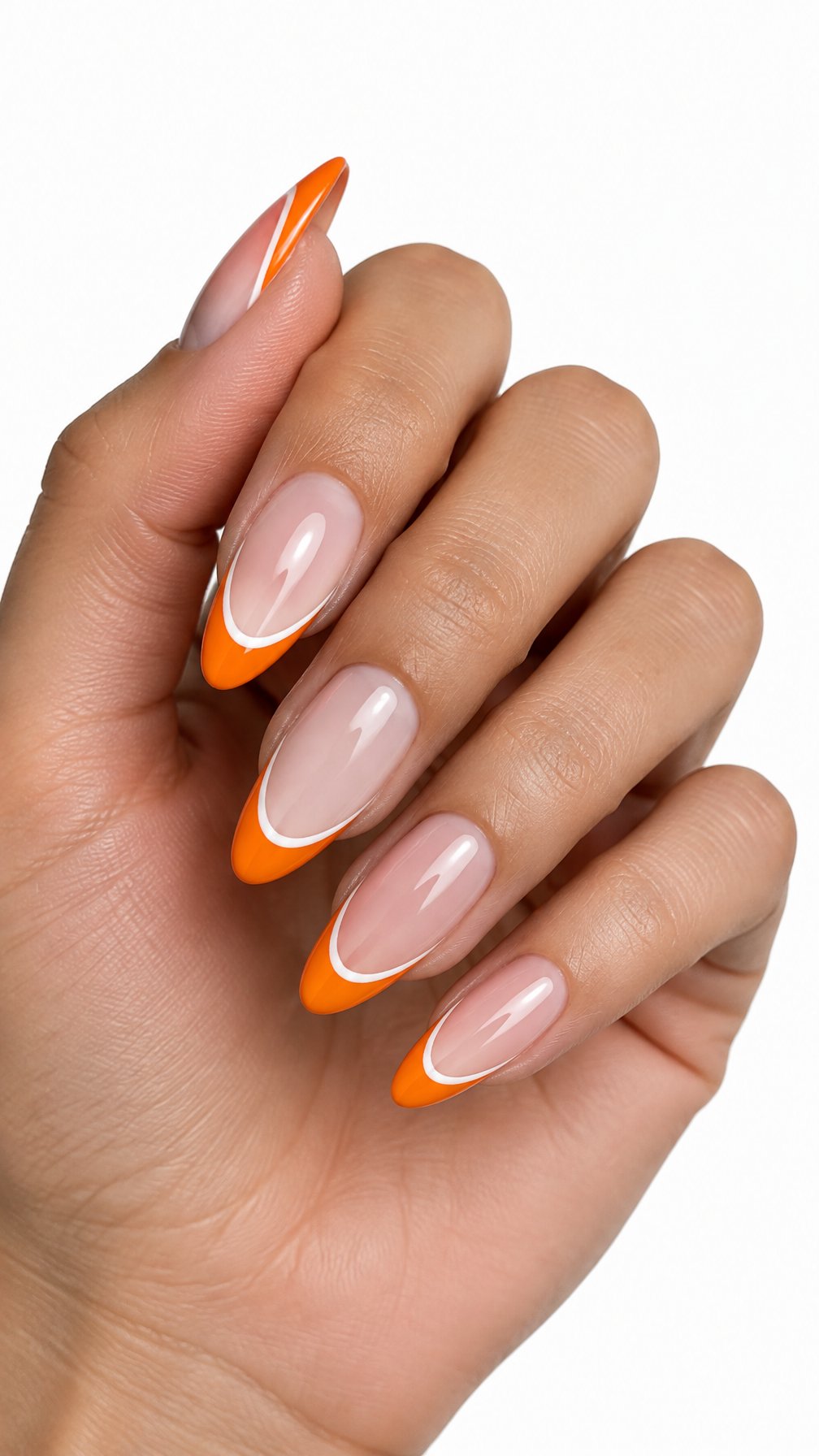 Glossy orange French-tip nails outlined in white