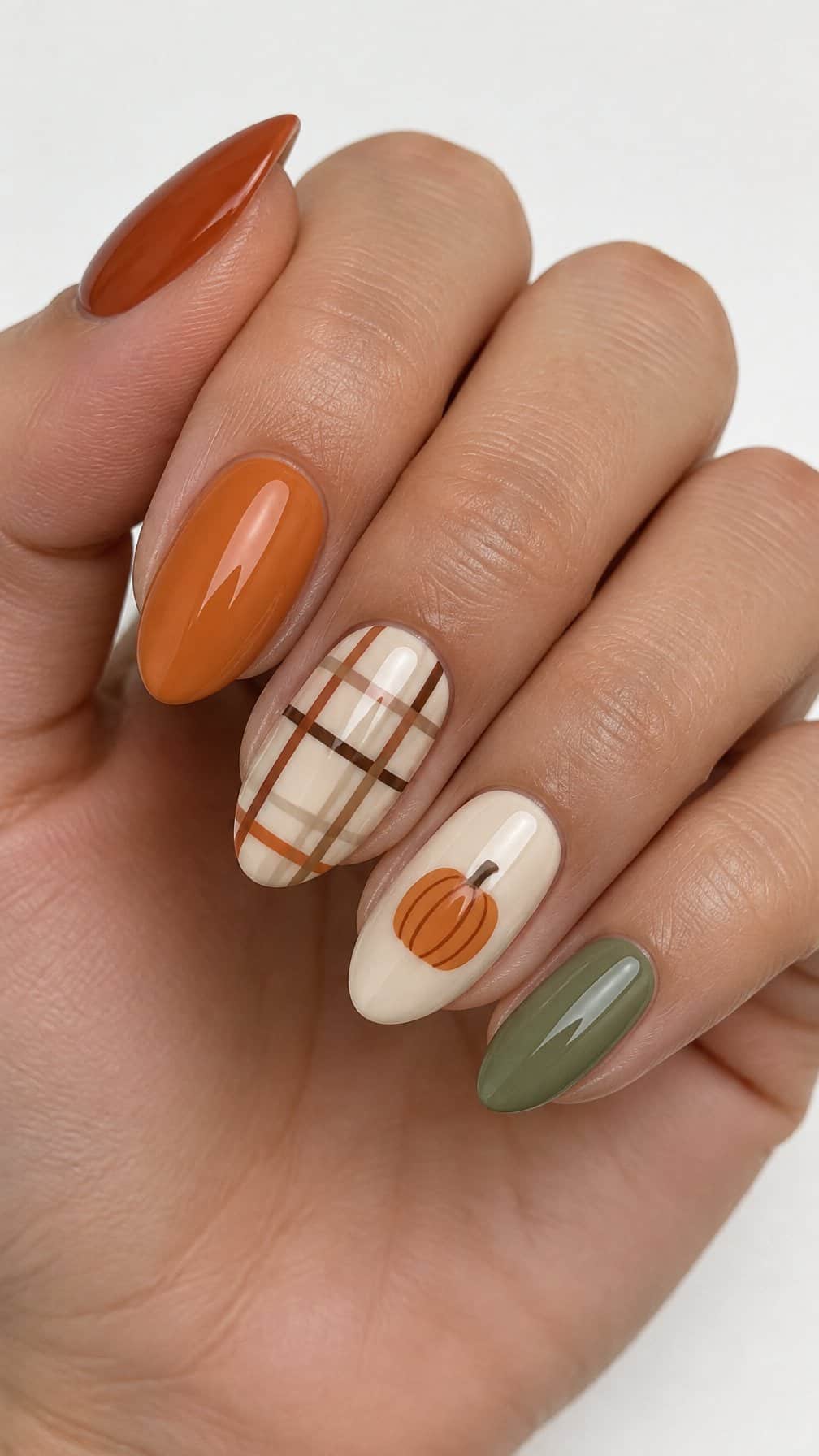 Glossy terracotta, pumpkin, and plaid painted nails