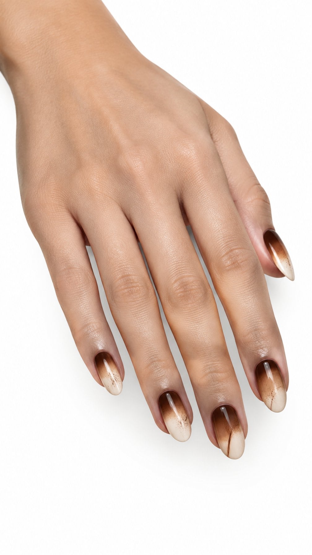 Glossy brown-and-cream ombre almond-shaped nails