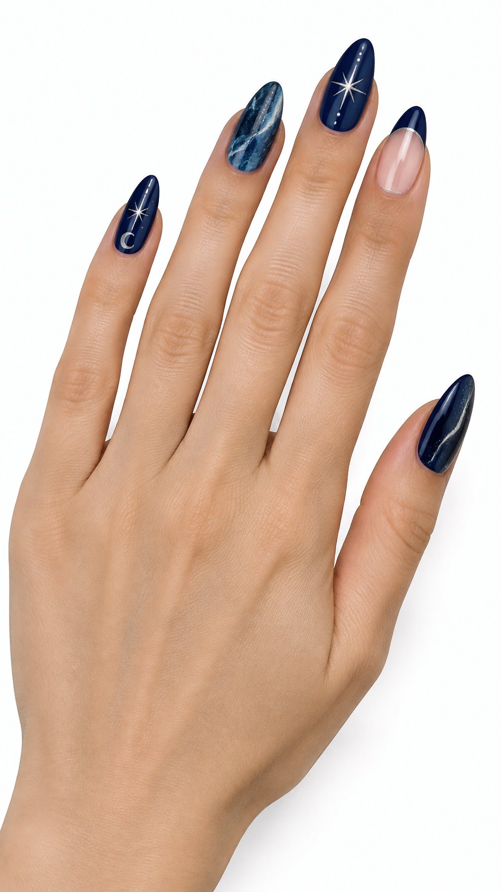 A single hand with detailed midnight blue nail art posed against a white background.