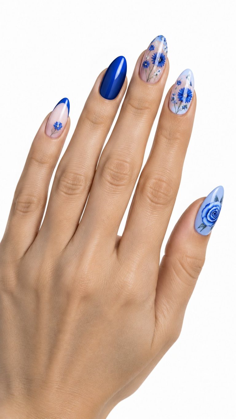 A single hand displays neatly manicured nails decorated with blue floral designs against a white background.