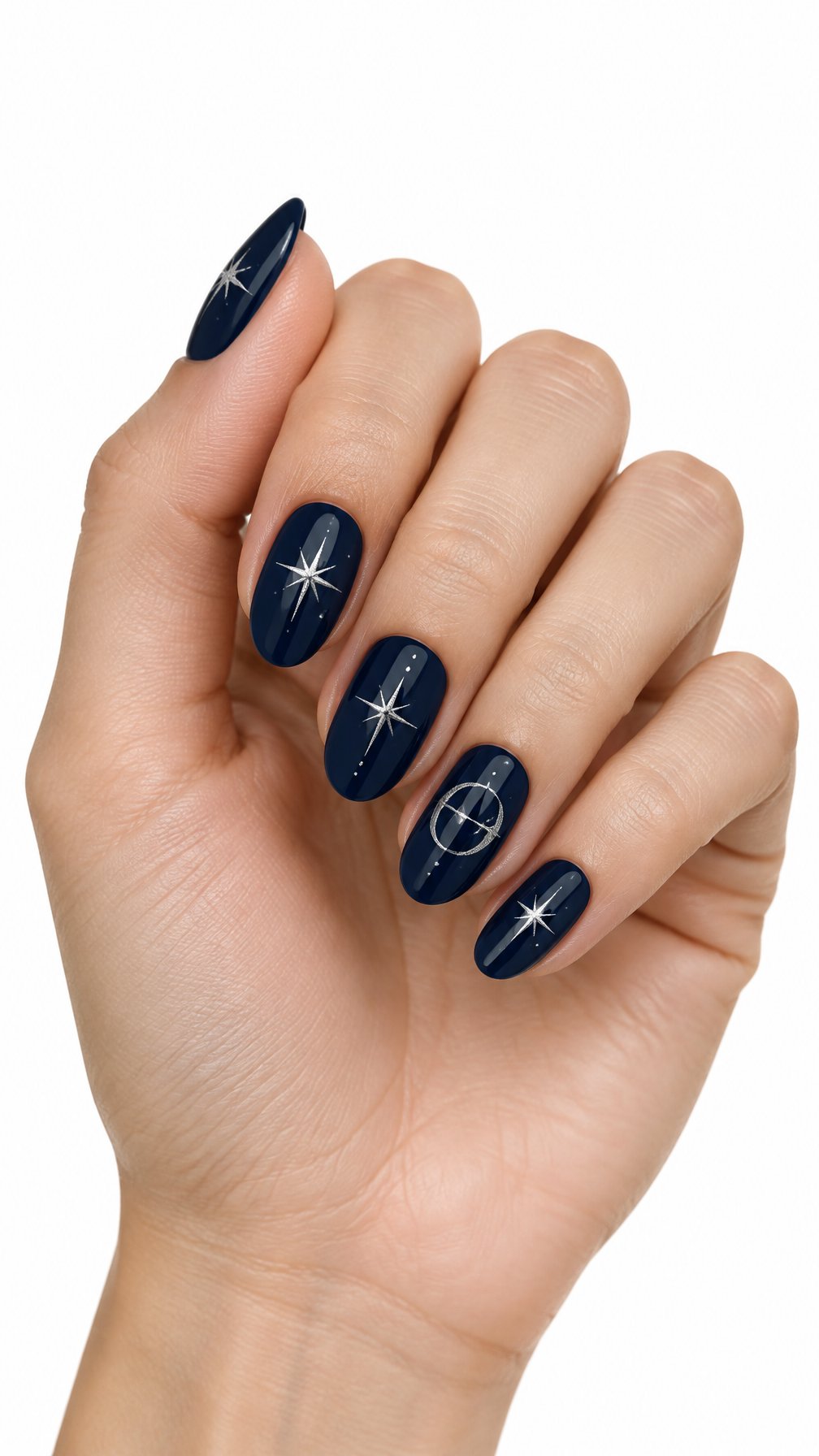 A single hand with glossy midnight blue nails decorated with silver starburst designs against a white background.