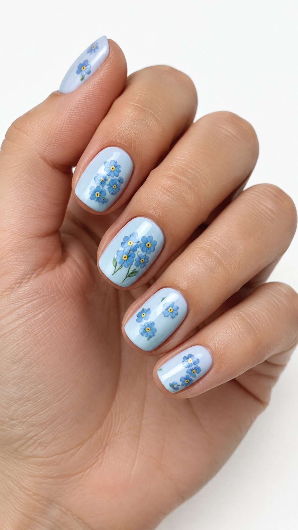 A single hand with glossy baby blue nails decorated with small blue flowers and yellow centers on a white background.