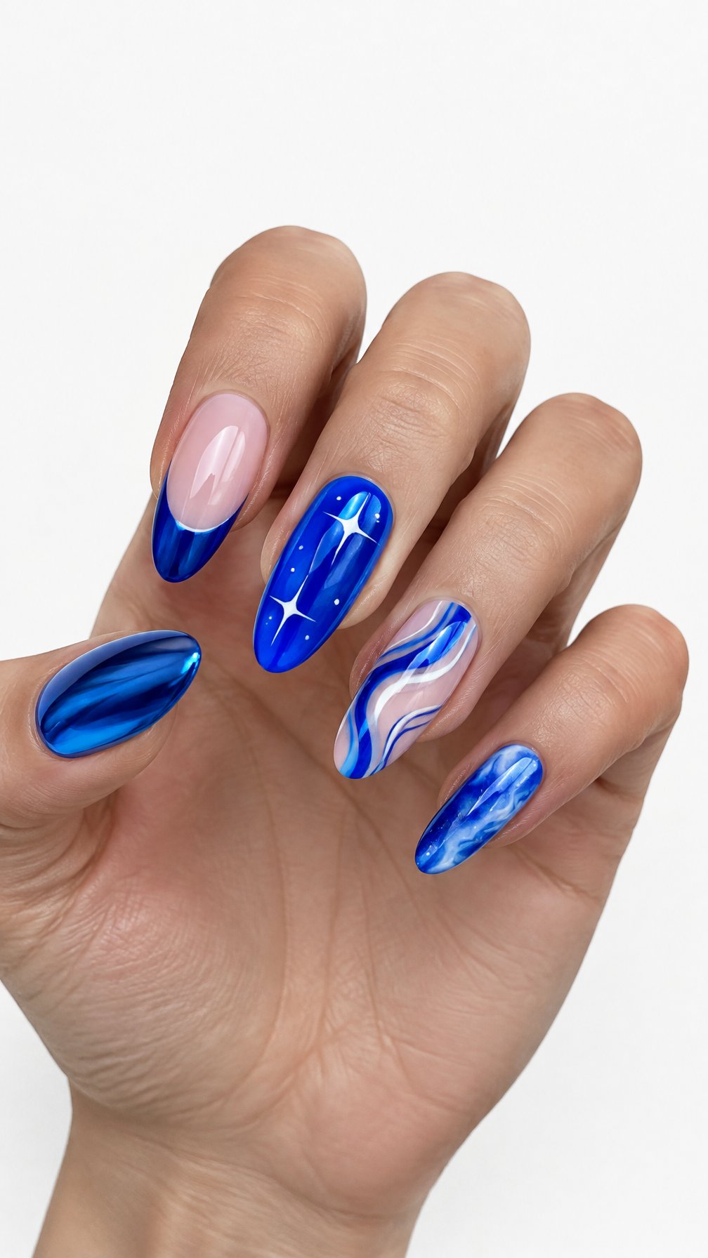 A single hand with five intricately decorated electric blue manicured nails against a white background.