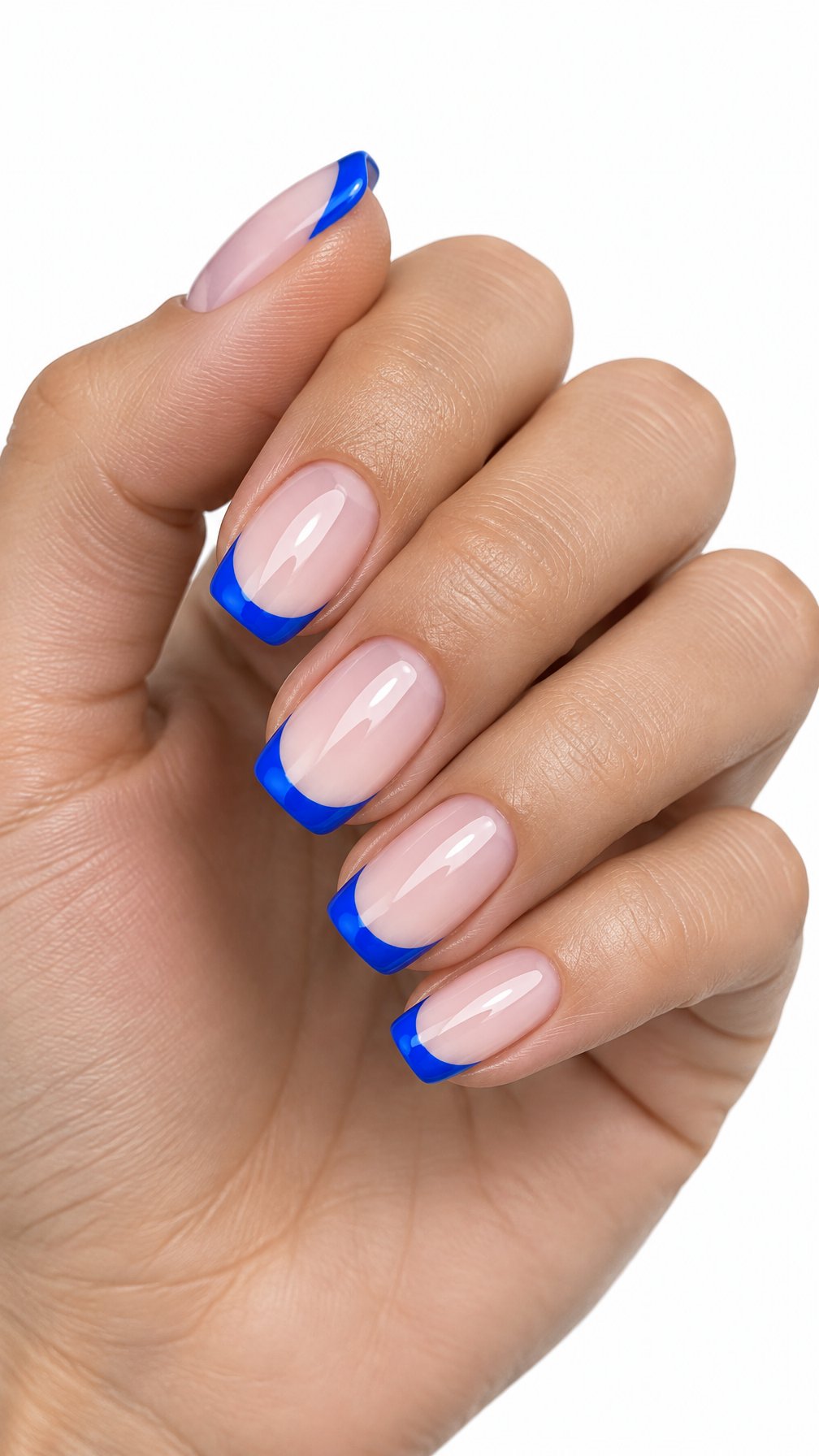 A single hand with milky nude nails and bright blue French tips on a white background.