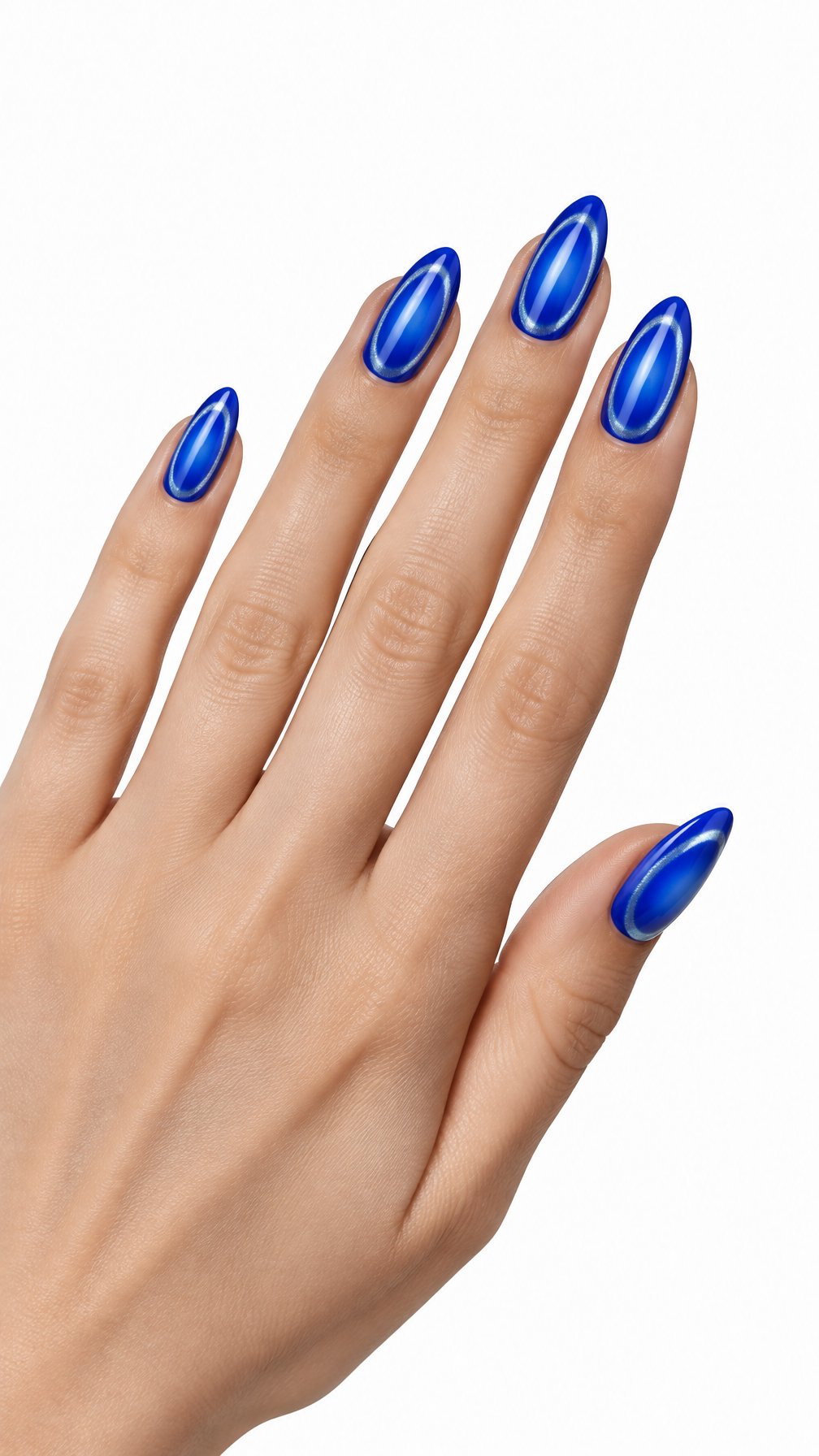 A single hand with glossy cobalt blue nails featuring glowing blue centers and thin silver halo accents on a white background.