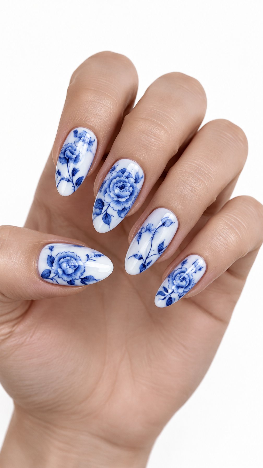 A single hand with glossy white nails decorated with blue peony flowers and porcelain-inspired patterns.
