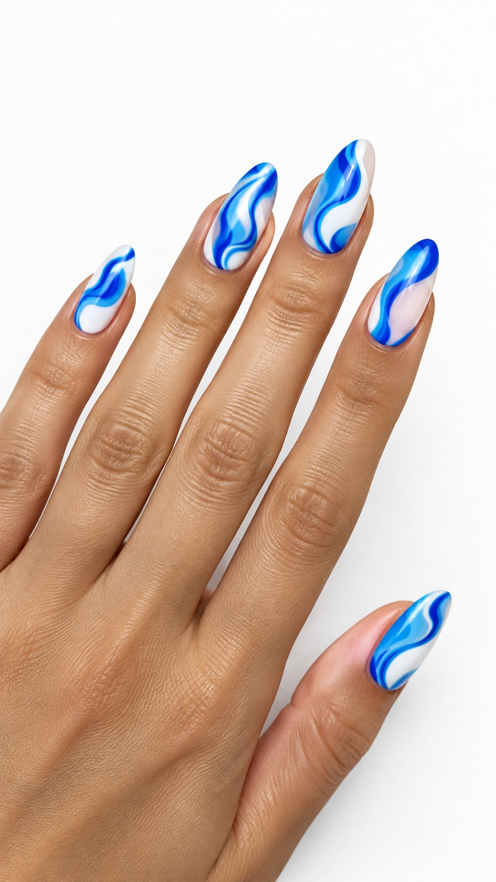A single hand with glossy electric blue and white swirl designs on almond-shaped nails against a white background.