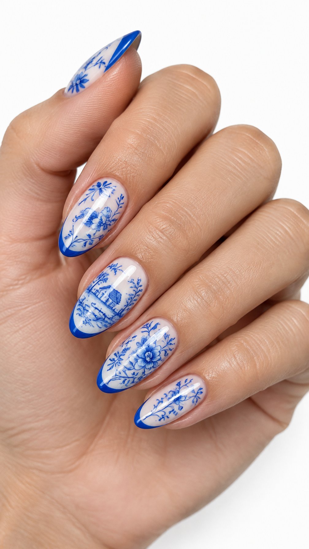 A single hand with blue-and-white floral French tip nail art against a white background.