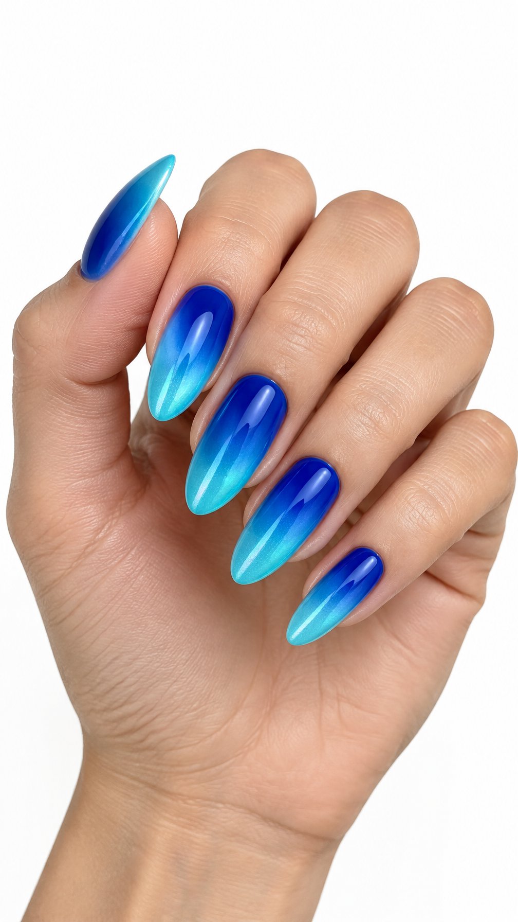 A single hand with glossy electric blue ombré nails fading into aqua tips against a white background.