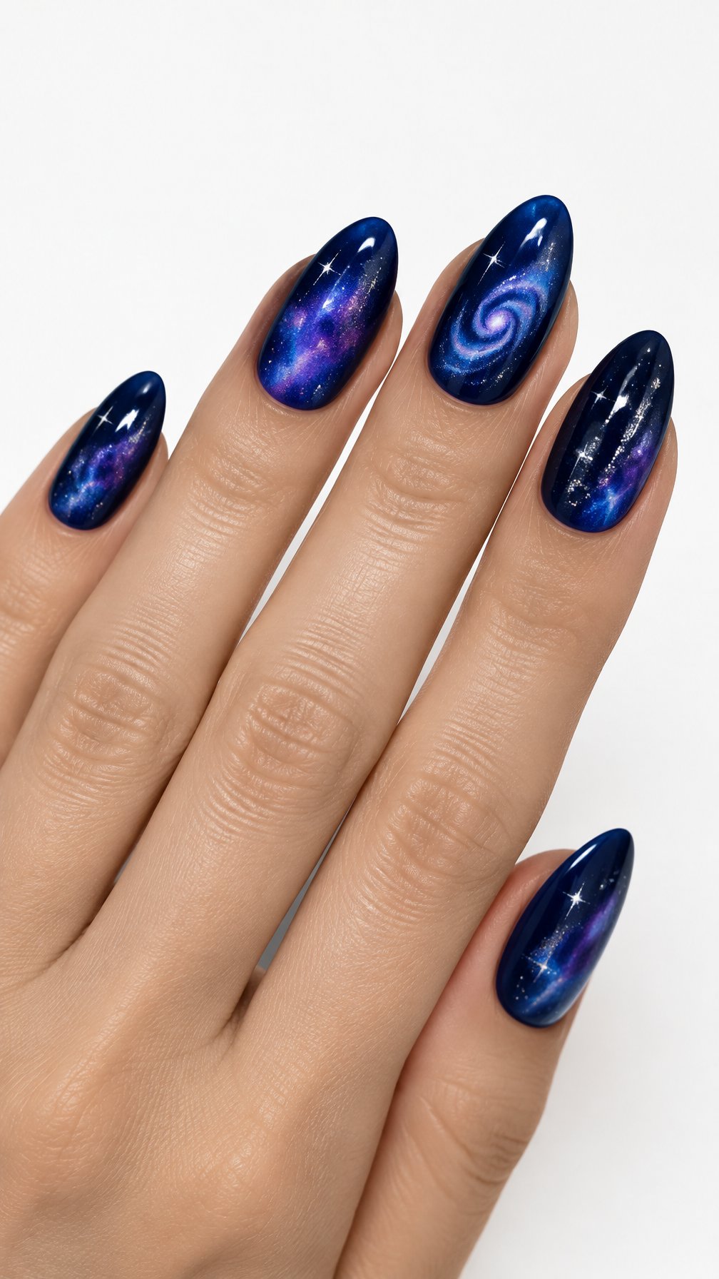 A single hand with glossy midnight-blue galaxy-themed manicure against a white background.